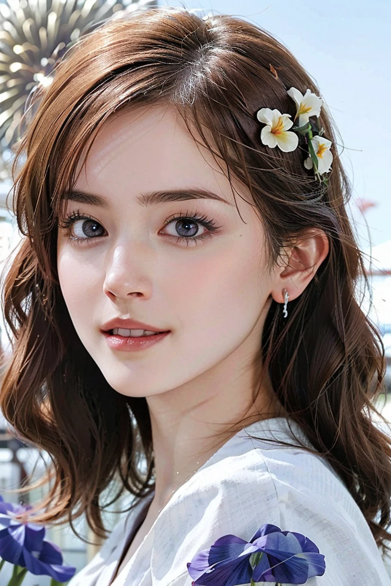 (Preserve face images), pale face:1.3、Super thin face:1.3, (very big eyes:1.5)、 (blown eyes:1.5), master piece、8k, {highest quality}, {{masterpiece}}, {very delicate and beautiful}, (((Mid-range shooting))), outstanding light and shadow, highly detailed wallpaper, clear and bright sunlight, (((Full body))), 1 girl, blush、(Light brown colour hair), ((Face illuminated by fireworks)), (((A classic yukata pattern with blue-purple irises and black vertical stripes on an off-white background ))), colour々A pose:1.5, necklace、ring、earrings,(Toothless smile:1,5), ((Mid-range shooting、Looking up at fireworks in the sky))、Seaside fireworks display