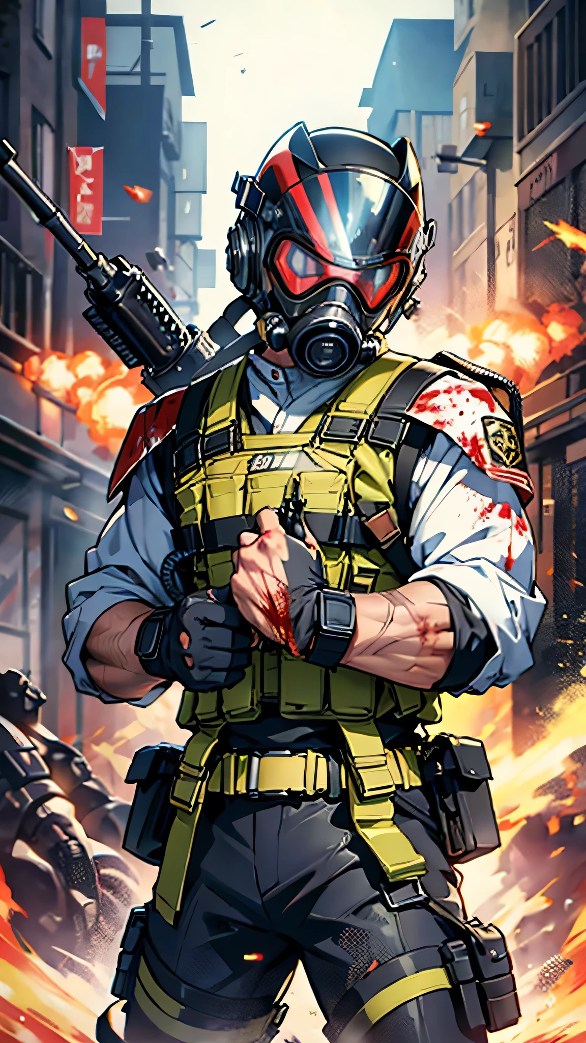 最high quality、Best image quality、masterpiece、male((humanoid、Railgun、Bulletproof vest、Jetpack、Red visor、Run、Have a bomb,Full of wounds,gas mask、Gold Color、Fighting Pose、Muscular,Blood splatter,Tattered))high quality、Beautiful art、background((underground,Fighting the monsters)),Tabletop、Exquisite design、Visual Arts、Written boundary depth、Best lighting、The finest details、8k