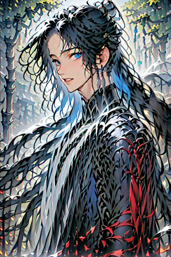 boy, short hair, blue-black hair, blue eyes