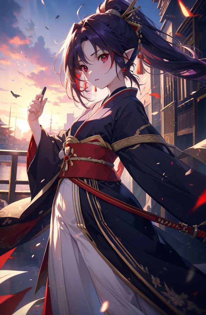 yuukikonno, Yuki Konno, hair band, long hair, pointy ears,ponytail, purple hair, (red eyes:1.5), (small breasts:1.2), open your mouth,red kimono,Purple too,white foot bag,grass sandals,Japan sword 1:1 Hold the grip in your hand,
break looking at viewer, Upper body, whole body,
break outdoors, medieval europe cityscape,
break (masterpiece:1.2), highest quality, High resolution, unity 8k wallpaper, (shape:0.8), (fine and beautiful eyes:1.6), highly detailed face, perfect lighting, Very detailed CG, (perfect hands, perfect anatomy),