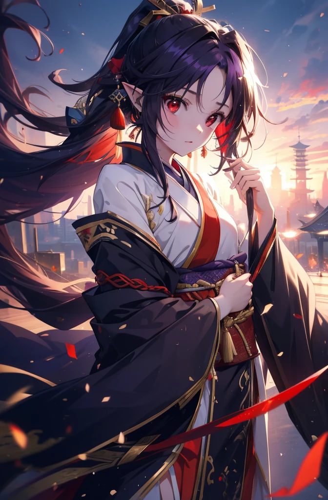 yuukikonno, Yuki Konno, hair band, long hair, pointy ears,ponytail, purple hair, (red eyes:1.5), (small breasts:1.2), open your mouth,red kimono,Purple too,white foot bag,grass sandals,Japan sword 1:1 Hold the grip in your hand,
break looking at viewer, Upper body, whole body,
break outdoors, medieval europe cityscape,
break (masterpiece:1.2), highest quality, High resolution, unity 8k wallpaper, (shape:0.8), (fine and beautiful eyes:1.6), highly detailed face, perfect lighting, Very detailed CG, (perfect hands, perfect anatomy),