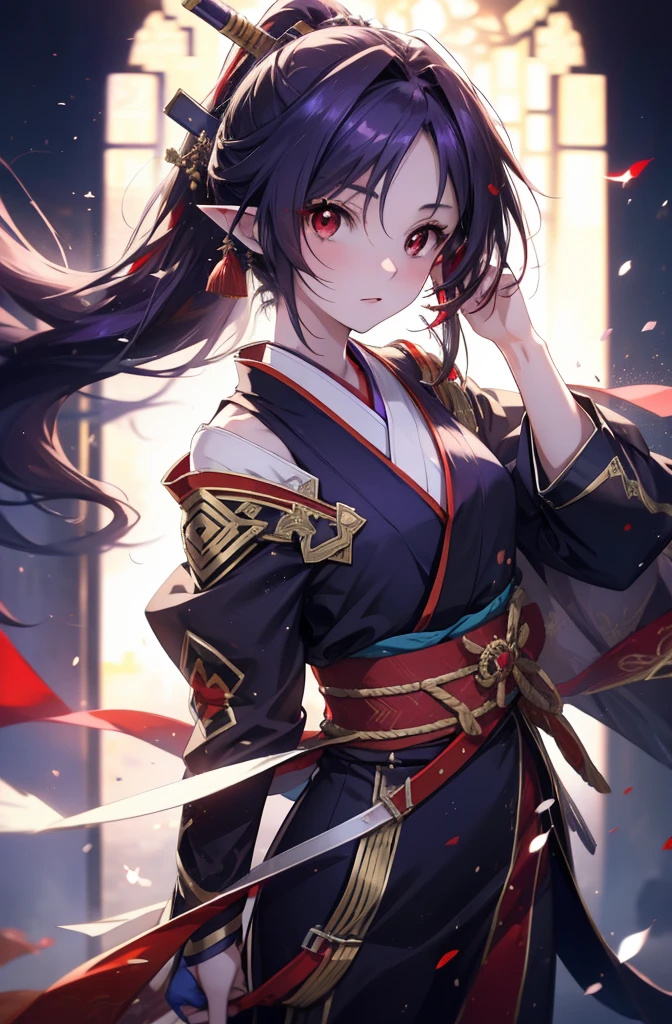 yuukikonno, Yuki Konno, hair band, long hair, pointy ears,ponytail, purple hair, (red eyes:1.5), (small breasts:1.2), open your mouth,red kimono,Purple too,white foot bag,grass sandals,Japan sword 1:1 Hold the grip in your hand,
break looking at viewer, Upper body, whole body,
break outdoors, medieval europe cityscape,
break (masterpiece:1.2), highest quality, High resolution, unity 8k wallpaper, (shape:0.8), (fine and beautiful eyes:1.6), highly detailed face, perfect lighting, Very detailed CG, (perfect hands, perfect anatomy),