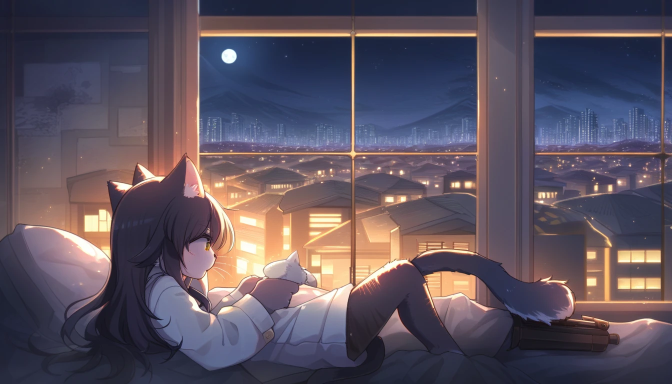 ((Masterpiece)), ((Best Quality)), (Very Detailed), ((Very Detailed)), 4K, (8K), very aesthetic, absurdres highres, 1 girl, (anthropomorphic cat, furry, kemono:1.8), A sniper wearing dark camouflage uniform is lying face down on the roof of a building, holding a rifle. His eyes are focused on the target through the scope. The rifle is equipped with a suppressor and is silently taking aim.The night cityscape unfolds, light spilling through the windows of buildings and dotted with street lamps.The moonlight illuminates the outlines of the buildings, making it a quiet night. You can see the headlights of cars in the distance, and you can feel the hustle and bustle of the city.The main color is dark, and the moonlight illuminates the sniper and some of the buildings.Overall The cold colors are emphasized, creating a sense of tension.The moonlight shines on the sniper's face, revealing a sharp expression.The sniper's concentration and tension are emphasized, and the sense of crisis hidden in the silence is felt. I feel so tense that I can almost hear his breathing and heartbeat.