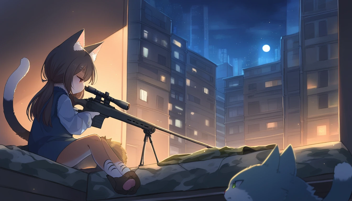 ((Masterpiece)), ((Best Quality)), (Very Detailed), ((Very Detailed)), 4K, (8K), very aesthetic, absurdres highres, 1 girl, (anthropomorphic cat, furry, kemono:1.8), A sniper wearing dark camouflage uniform is lying face down on the roof of a building, holding a rifle. His eyes are focused on the target through the scope. The rifle is equipped with a suppressor and is silently taking aim.The night cityscape unfolds, light spilling through the windows of buildings and dotted with street lamps.The moonlight illuminates the outlines of the buildings, making it a quiet night. You can see the headlights of cars in the distance, and you can feel the hustle and bustle of the city.The main color is dark, and the moonlight illuminates the sniper and some of the buildings.Overall The cold colors are emphasized, creating a sense of tension.The moonlight shines on the sniper's face, revealing a sharp expression.The sniper's concentration and tension are emphasized, and the sense of crisis hidden in the silence is felt. I feel so tense that I can almost hear his breathing and heartbeat.