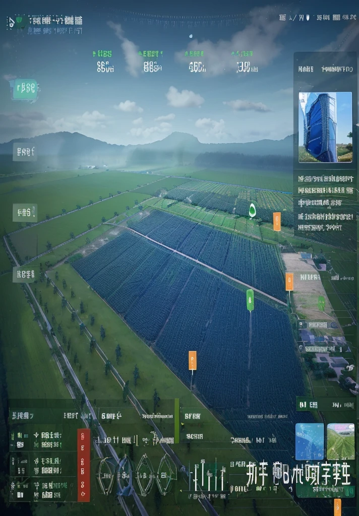 Based on this green background,In the center is a vibrant farmland,Data clouds and sensors floating above,Sensors connect farmland,Display real-time data,For example, temperature、humidity、土壤humidity等。The overall feeling is of future technology。