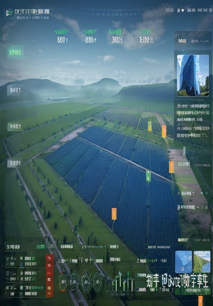 Based on this green background,In the center is a vibrant farmland,Data clouds and sensors floating above,Sensors connect farmland,Display real-time data,For example, temperature、humidity、土壤humidity等。The overall feeling is of future technology。