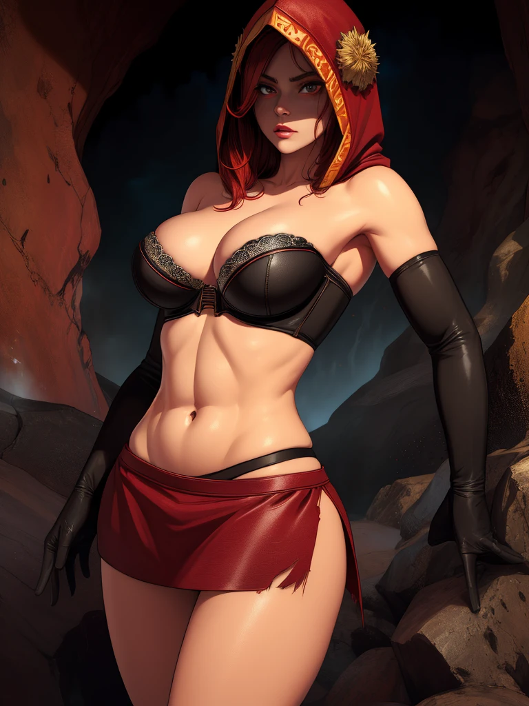 Dsorceress, redhair, shadowy face,dark cave, fire, hood, shadowed face, strapless bra, slim and athletic body, miniskirt, no panty, elbow gloves, dark skin, 1 girl (insanely detailed, masterpiece, best quality)
