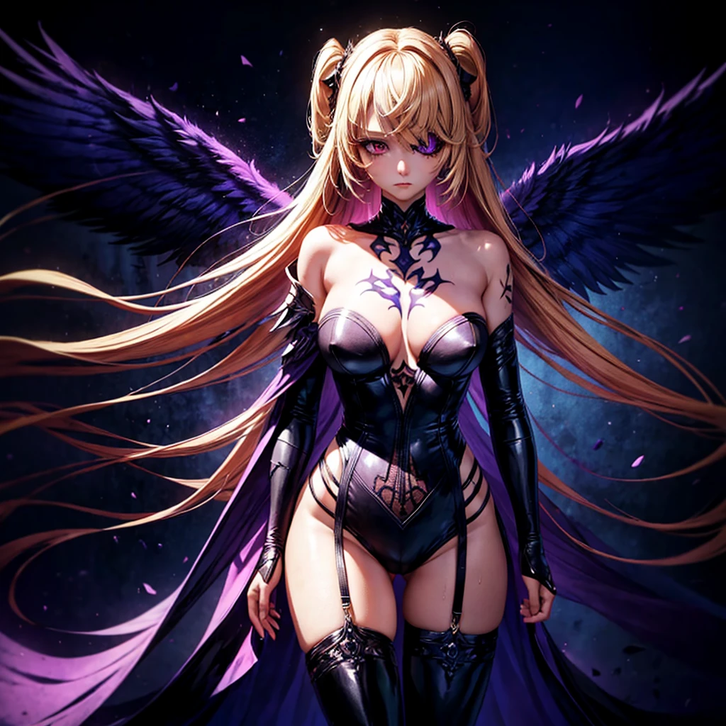 (1 girl, standing alone, AngelT), pink eyes, blonde hair with purple tips, long straight hair, black pants, partially nude, tempting outfit, tattoo marks on the body, wings, gaping mouth, looking ahead at viewer, eyes wide open, confused expression, black goddess, Veil on head, sleeveless divine outfit,ultra realistic skin, breasts big, air of mystique,4K, ultra realistic skin, fully body, Incredible level of detail, sensuous,dark armor