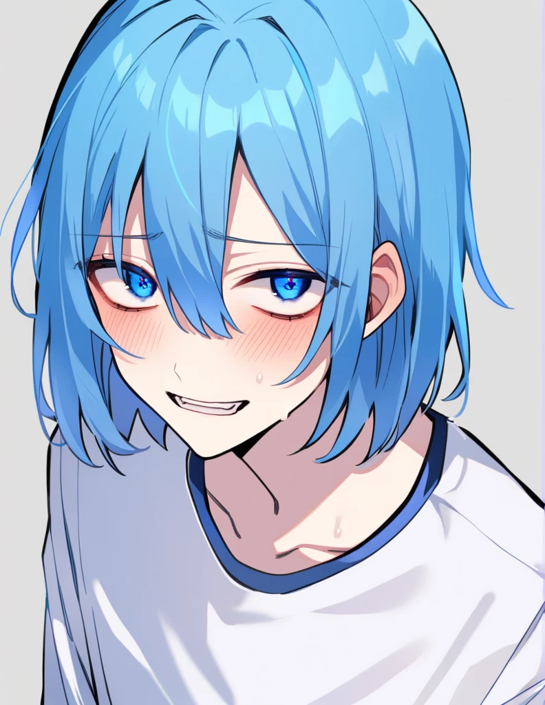solo, male、Bob Hair, Half Up、Blue Hair, Yandere, blue eyes,
