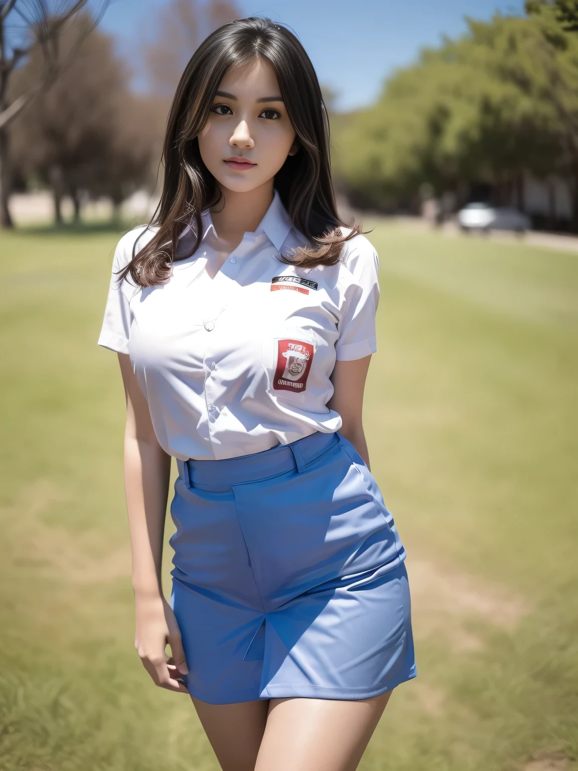 1girl, (uniform), standing, outdoors, detailed face, detailed eyes, thick breasts, shiny skin, tight shirt, grey blue short skirt, looking at the audience, low angle shot,(8k, RAW photo, best quality, masterpiece: 1.2), (realistic, realistic: 1.37), ultra-high resolution