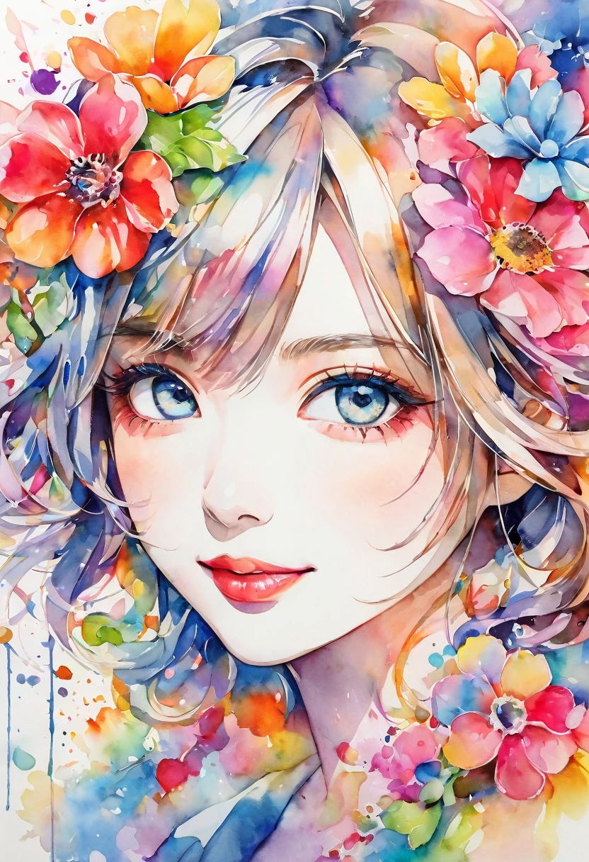 beautiful woman portrait, cute smile, Sylvia Pelissero watercolors, colorful flowers, beautiful eyes,  upper body, abstract art, intense watercolor, watercolor detailed art, watercolor splash, surreal, avant-garde pop art, Beautiful and expressive paintings, Beautiful artwork illustration, very colorful tones, wonderful, cool beauty, highest quality, official art, women only, sharp outline, best shot, vector art, lips in love、 (((The strongest beautiful women of all time))), (((Japanese)))、clear, (((highest quality))), lips in love, HDR, ((Detailed details)), stylish fashion, detailed clothing texture, (((graffiti art))), colorful hair, ((masterpiece))、((Super detailed))
