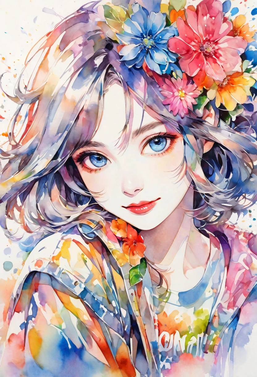 beautiful woman portrait, cute smile, Sylvia Pelissero watercolors, colorful flowers, beautiful eyes, upper body, abstract art, intense watercolor, watercolor detailed art, watercolor splash, surreal, avant-garde pop art, Beautiful and expressive paintings, Beautiful artwork illustration, very colorful tones, wonderful, cool beauty, highest quality, official art, women only, sharp outline, best shot, vector art, lips in love、 (((The strongest beautiful women of all time))), (((Japanese)))、clear, (((highest quality))), lips in love, HDR, ((Detailed details)), stylish fashion, detailed clothing texture, (((graffiti art))), colorful hair, ((masterpiece))、((Super detailed))