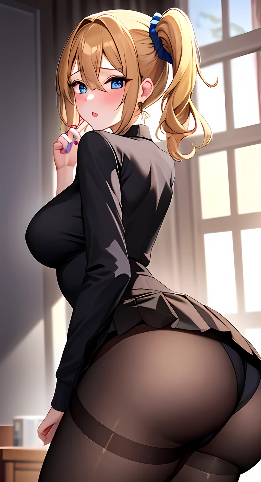 masterpiece, best quality, AiHayasakaV4, 1girl, solo, looking at viewer, blush, blue eyes, blonde hair, hair ornament, hair between eyes, nail polish, side ponytail, v, scrunchie, hair scrunchie, blue nails, blue scrunchie, 1girl, breasts, pantyhose, solo, skirt, large_breasts, ass, long_hair, bangs, black_pantyhose, looking_at_viewer, long_sleeves, underwear, shirt, earrings, panties, black_shirt, jewelry, pleated_skirt, thighs, indoors, black_sweater