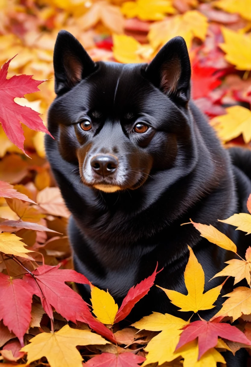A black Shiba Inu walking through the autumn leaves。Their black fur creates a beautiful contrast with the red and yellow of the autumn leaves.、It stands out even more in the autumn scenery.。