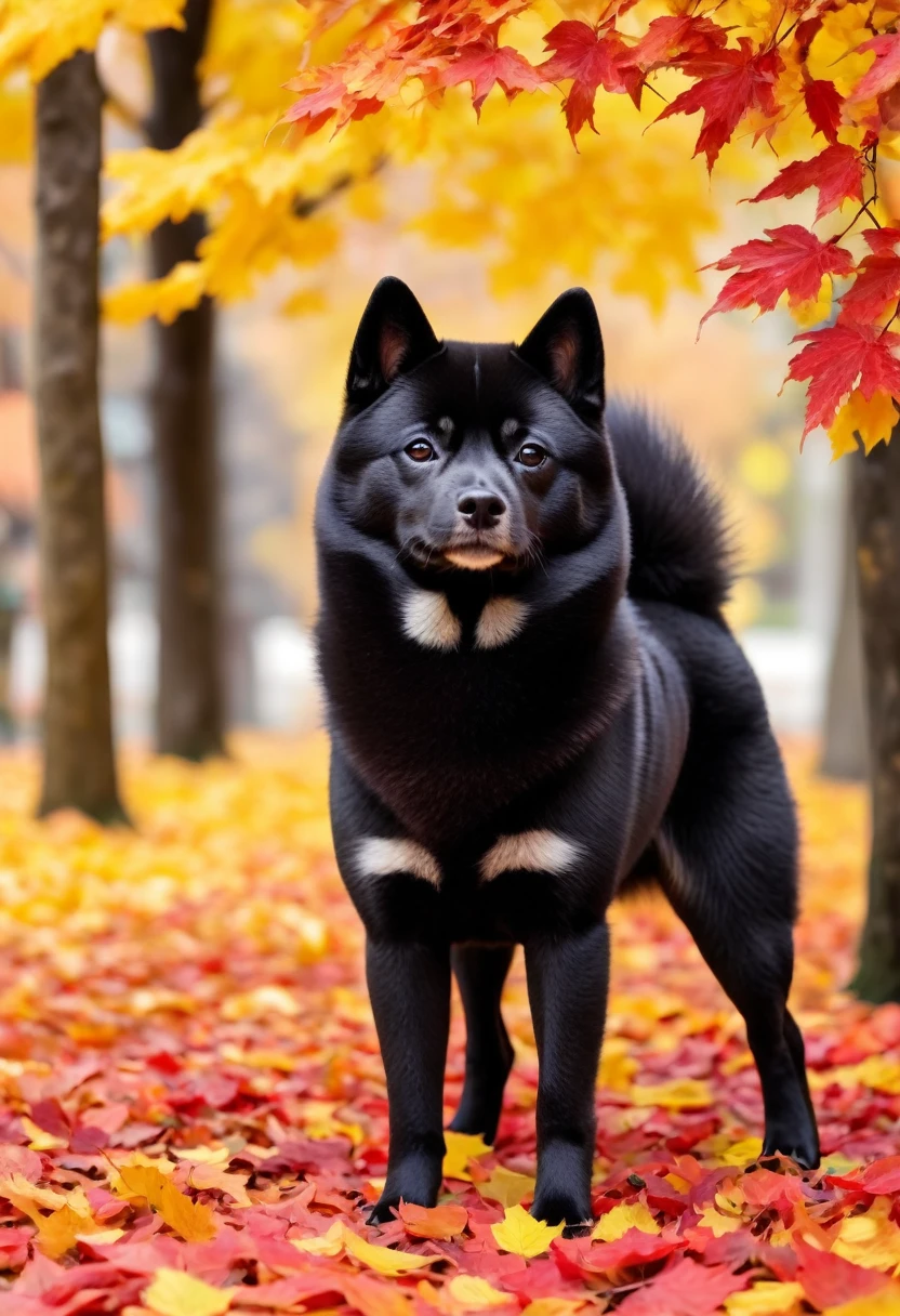 A black Shiba Inu walking through the autumn leaves。Their black fur creates a beautiful contrast with the red and yellow of the autumn leaves.、It stands out even more in the autumn scenery.。