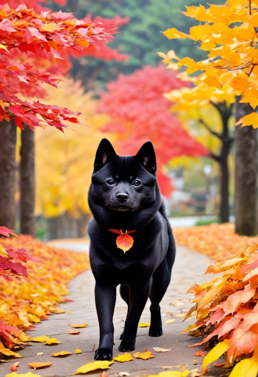 A black Shiba Inu walking through the autumn leaves。Their black fur creates a beautiful contrast with the red and yellow of the autumn leaves.、It stands out even more in the autumn scenery.。