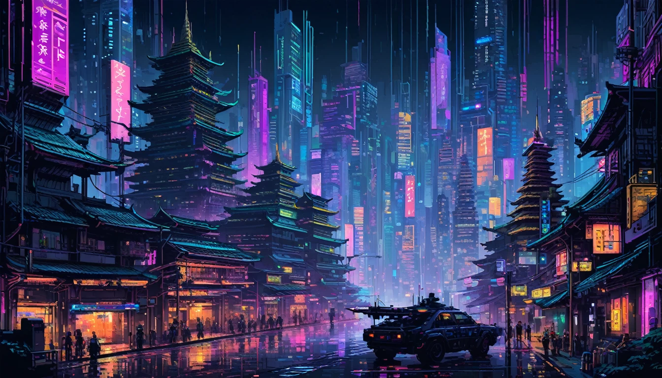 Pixel art,Thai Artist、Gil Vrubel uses colorful brushstrokes。Cyberpunk cityscape.City of night