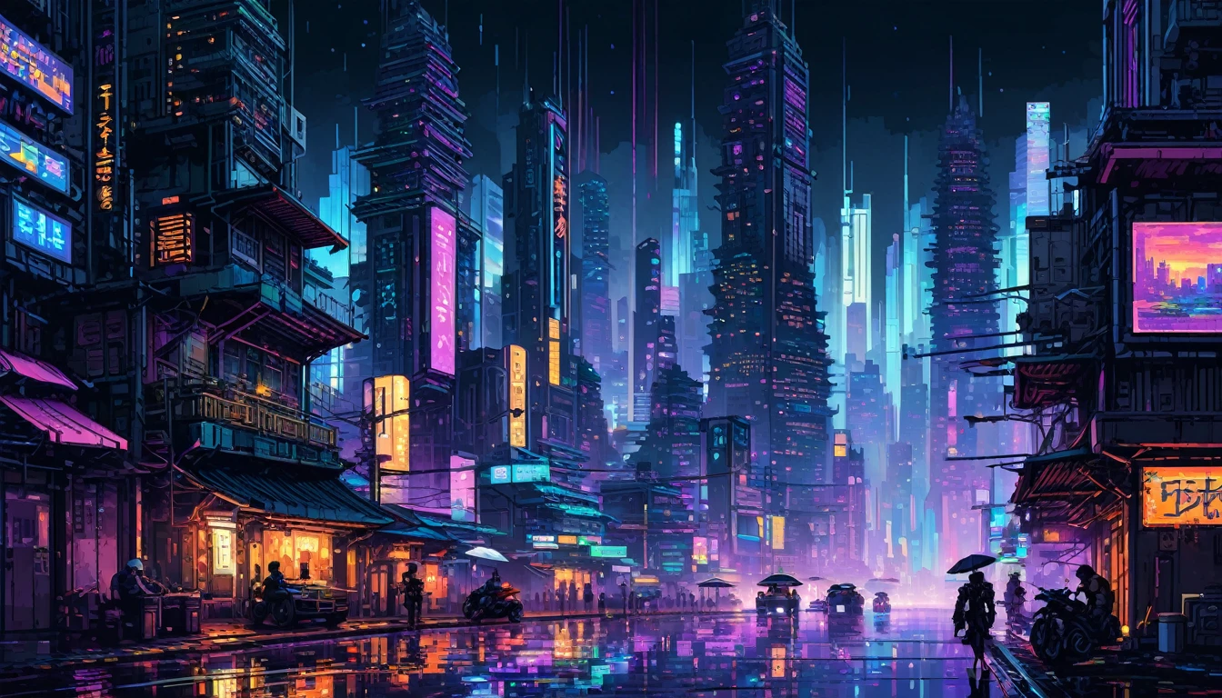 Pixel art,Thai Artist、Gil Vrubel uses colorful brushstrokes。Cyberpunk cityscape.City of night