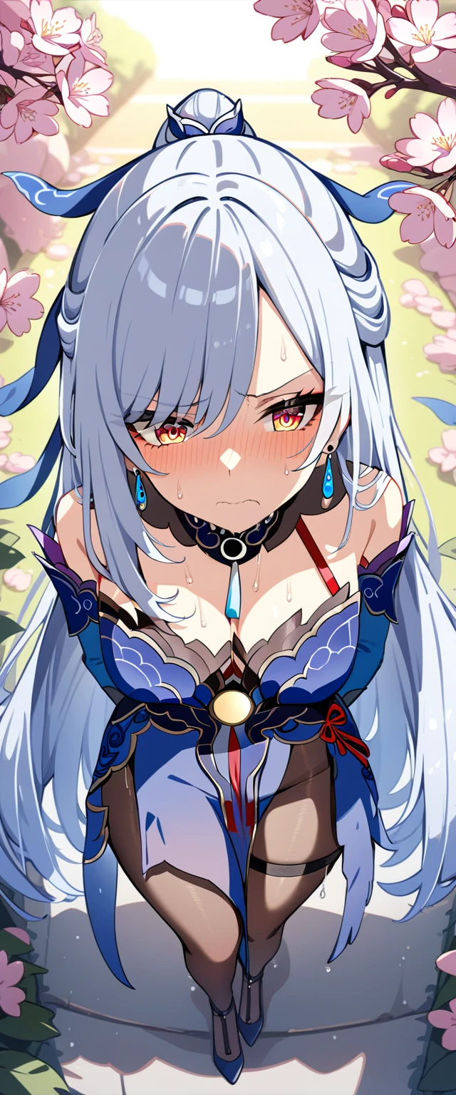 (masterpiece:1.37), best quality, (extremely detailed:1.37), (1girl:1.5), woman, (mature:1.5), (adult:1.5), jingliu, white hair, long hair, ponytail, hair ribbon, red eyes, earrings, jewelry, dress, pantyhose, (pelvic curtain:1.5), (extremely detailed eyes:1.37), (wetting self:2.0), desperation, (standing:1.5), embarrassed, humiliation, blushing, angry, cherry blossoms, garden, (golden hour:1.5), full body, (crossing legs:1.5), from above