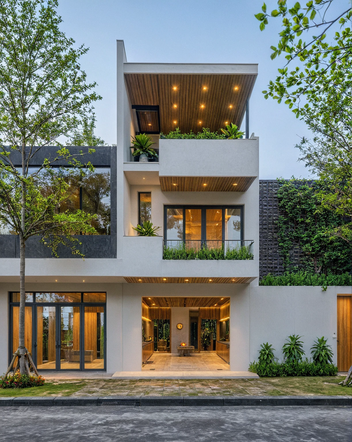 head of'artwork, high quality, best quality, authentique, Great detail, En plein air, villa de plain-piedXL, groupe aiai, style de maison moderne dans la rue ,stairs, white wall ,road,pavement, grass, trees, sky, nuvens, (day light:1.1)