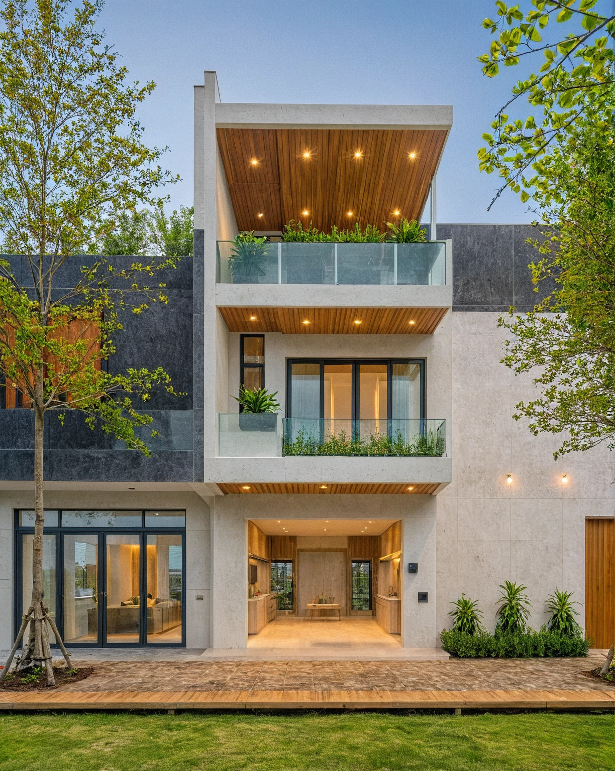 head of'artwork, high quality, best quality, authentique, Great detail, En plein air, villa de plain-piedXL, groupe aiai, style de maison moderne dans la rue ,stairs, white wall ,road,pavement, grass, trees, sky, nuvens, (day light:1.1)