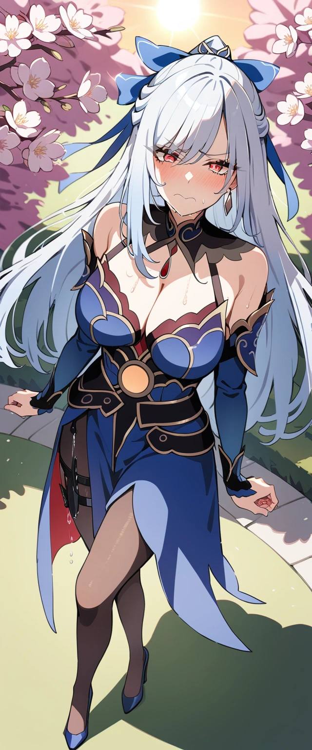 (masterpiece:1.37), best quality, (extremely detailed:1.37), (1girl:1.5), woman, (mature:1.5), (adult:1.5), jingliu, white hair, long hair, ponytail, hair ribbon, red eyes, earrings, jewelry, dress, pantyhose, (pelvic curtain:1.5), (extremely detailed eyes:1.37), (wetting self:2.0), desperation, (standing:1.5), embarrassed, humiliation, blushing, angry, cherry blossoms, garden, (golden hour:1.5), full body, (crossing legs:1.5), from above