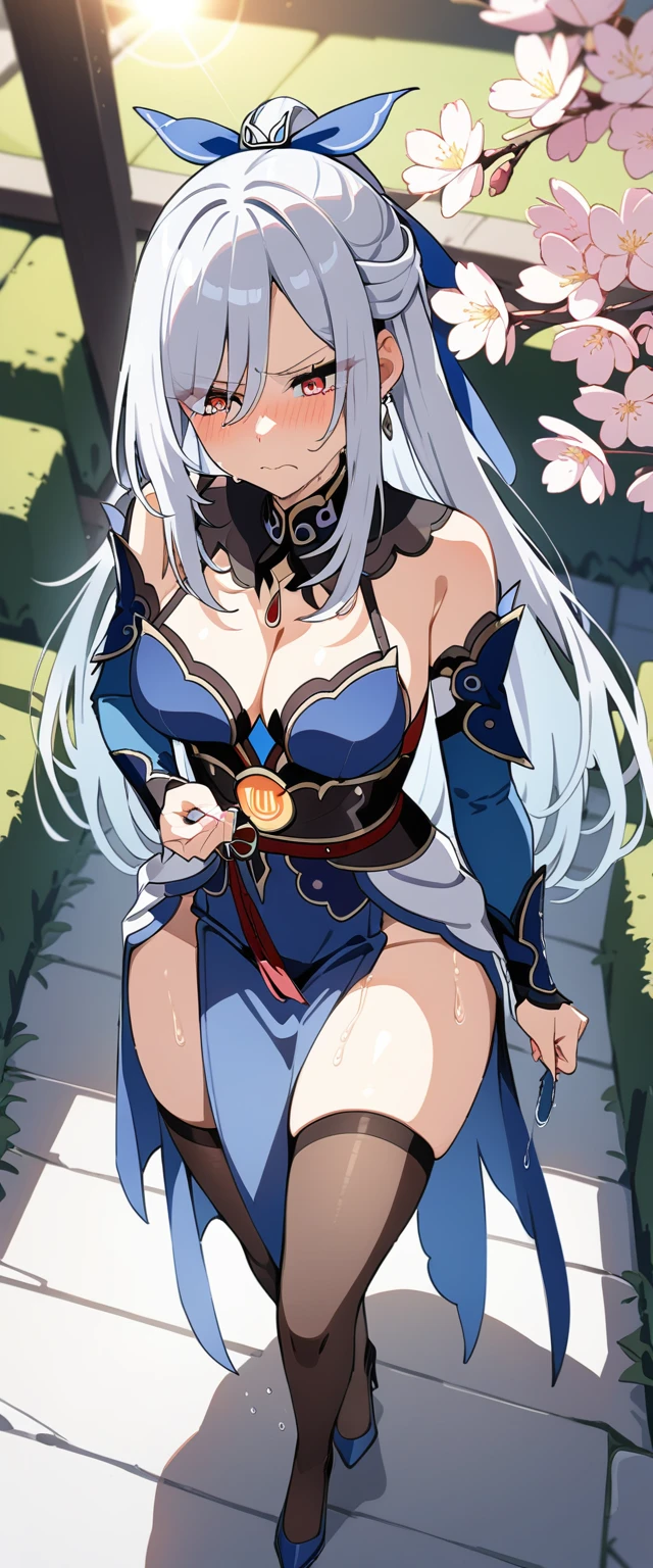 (masterpiece:1.37), best quality, (extremely detailed:1.37), (1girl:1.5), woman, (mature:1.5), (adult:1.5), jingliu, white hair, long hair, ponytail, hair ribbon, red eyes, earrings, jewelry, dress, pantyhose, (pelvic curtain:1.5), (extremely detailed eyes:1.37), (wetting self:2.0), desperation, (standing:1.5), embarrassed, humiliation, blushing, angry, cherry blossoms, garden, (golden hour:1.5), full body, (crossing legs:1.5), from above