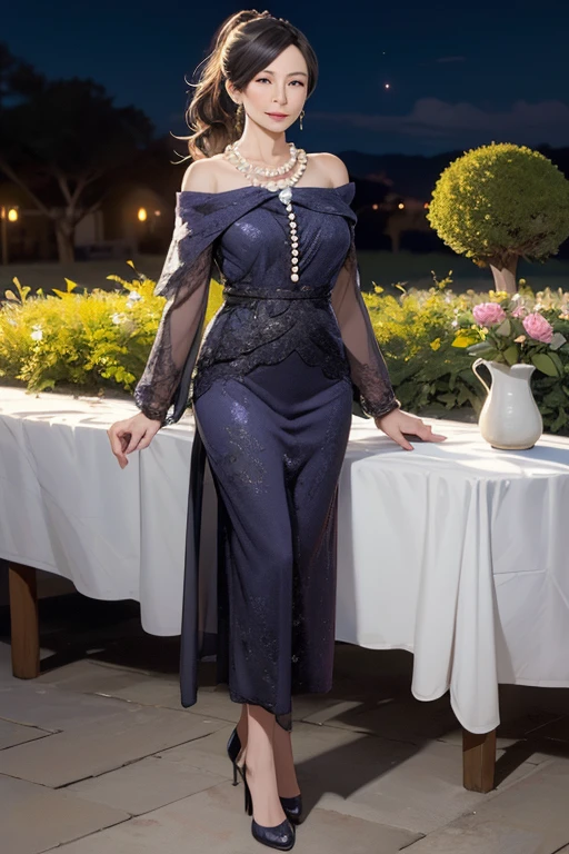 Mature Asian Woman, Lady, 55 year old mature woman, Beautiful details, Beautiful lip detail, Very detailedな顔, Long eyelashes, ((Low Ponytail)), ((Pearl Necklace)), ((Full body emphasis)), dress, garden, night中, night, full moon, moonlight, (Highest quality, 4K, 8k, High resolution, masterpiece:1.2), Very detailed, (Realistic, photoRealistic, photo-Realistic:1.37), Vibrant colors