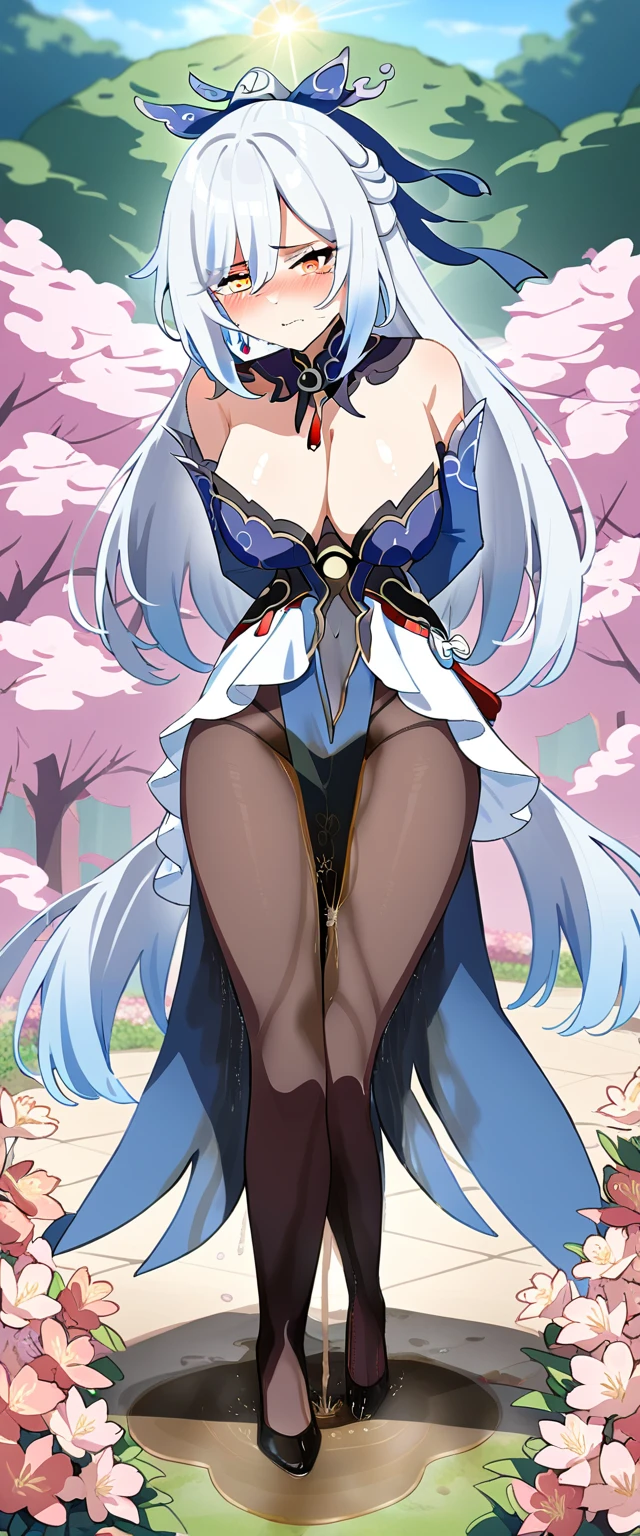 (masterpiece:1.37), best quality, (extremely detailed:1.37), (1girl:1.5), woman, (mature:1.5), (adult:1.5), jingliu, white hair, long hair, ponytail, hair ribbon, red eyes, earrings, jewelry, dress, pantyhose, (pelvic curtain:1.5), (extremely detailed eyes:1.37), (wetting self:2.0), desperation, (standing:1.5), embarrassed, humiliation, blushing, angry, cherry blossoms, garden, (golden hour:1.5), full body, (crossing legs:1.5), from above
