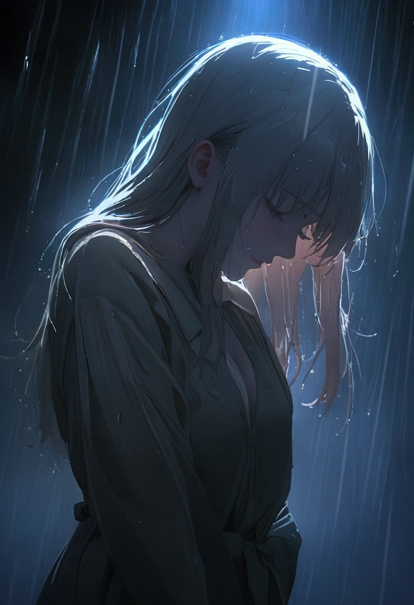 there is a woman that is standing in the rain with her head down, 8K film still image, Movie stills 8k, 8k Sensual Lighting, Wet Hair, Unreal Engine. Movie stills, rain!!!!, 4k movie still, 4k movie still, beautiful Cinema Lighting, pretty girl standing in the rain, beautiful, Cinema Lighting, Soaking wet, rain drops on face