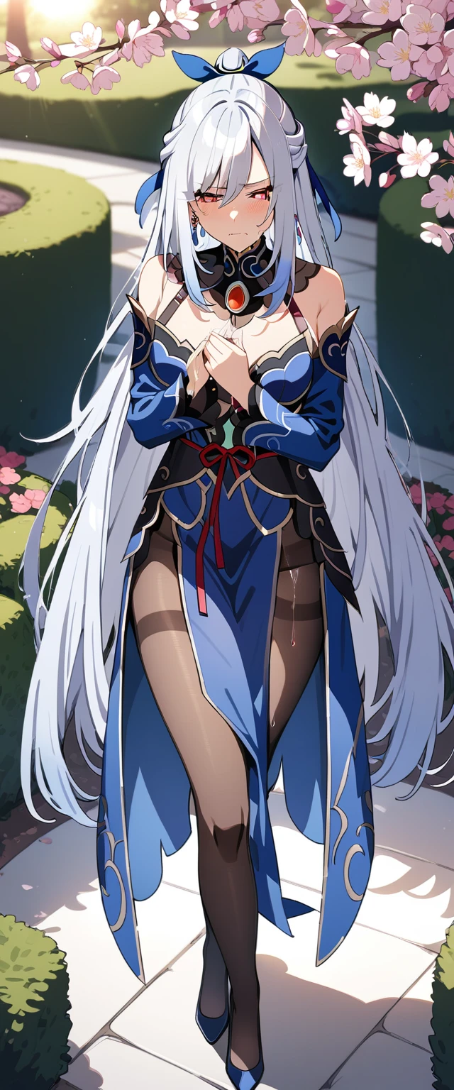(masterpiece:1.37), best quality, (extremely detailed:1.37), (1girl:1.5), woman, (mature:1.5), (adult:1.5), jingliu, white hair, long hair, ponytail, hair ribbon, red eyes, earrings, jewelry, dress, pantyhose, (pelvic curtain:1.5), (extremely detailed eyes:1.37), (wetting self:2.0), desperation, (standing:1.5), embarrassed, humiliation, blushing, angry, cherry blossoms, garden, (golden hour:1.5), full body, (crossing legs:1.5), from above
