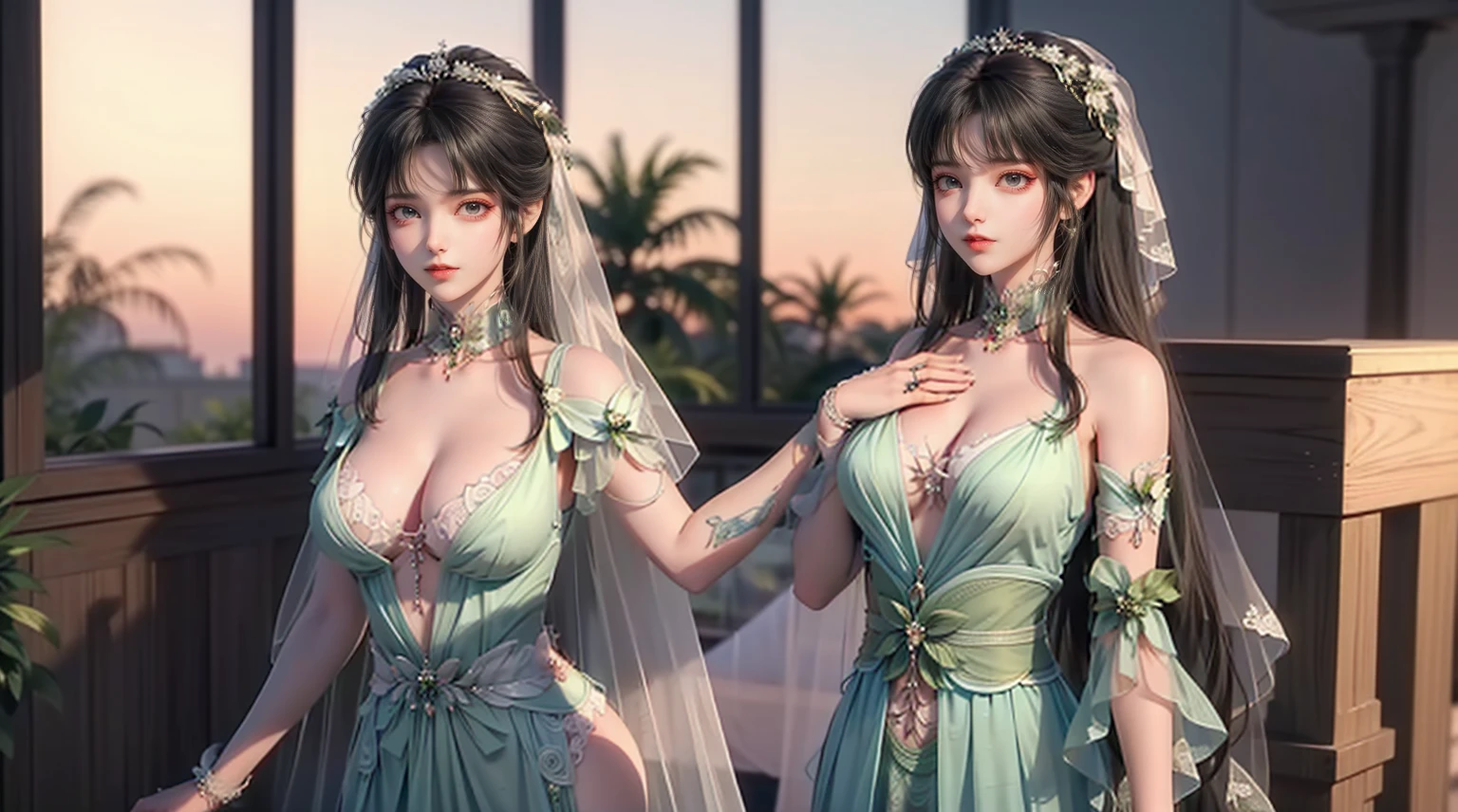 Masterpiece,high quality,beautiful wallpaper,16k,animation,illustration,front view,overlooking camera,perfect body,cleavage,exquisite face,exquisite features,1 girl,sexy,(wedding:1.5),(many people:1.5)(green robe),freen suspenders,(green lace underwear: ilsil green) 1.5),veil,