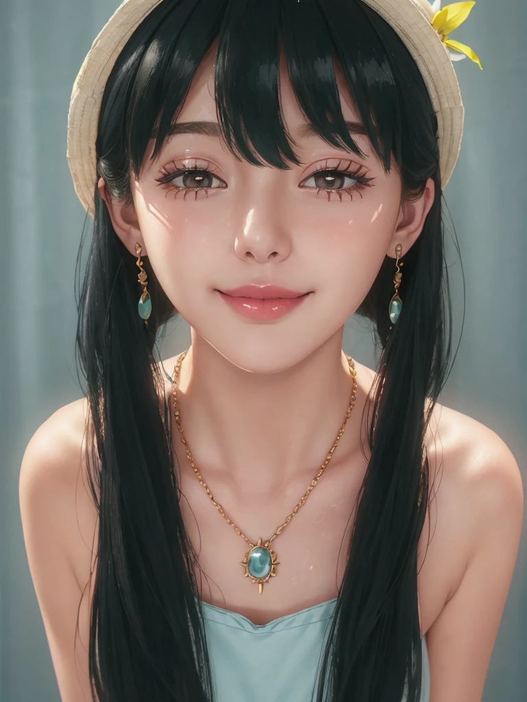 cute girl, (heart-shaped pupils:1.1), ultra hd, hearts in eyes, half-closed eyes,female ,wavy mouth,smile,sweating profusely,
çº¦å°Â·ç¦æ°,1girl,solo,earrings,short hair with long locks,green hair,black hair,red eyes,bangs,sidelocks,
pearl necklace,collarbone,blue dress,sleeveless dress,bare shoulders,white belt,jewelry,yor briar,hat flower,yellow headwear,sun hat,, Exquisite visuals, high-definition,masterpiece,best quality,, 18yo,Young female,Beautiful Fingers,Beautiful long legs,Beautiful body,Beautiful Nose,Beautiful character design, perfect eyes, perfect face,expressive eyes,
looking at viewer,
official art,extremely detailed CG unity 8k wallpaper, perfect lighting,Colorful, Bright_Front_face_Lighting,shiny skin, 
(masterpiece:1.0),(best_quality:1.0), ultra high res,4K,ultra-detailed,
photography, 8K, HDR, highres, absurdres:1.2, Kodak portra 400, film grain, blurry background, bokeh:1.2, lens flare, (vibrant_color:1.2), (beautiful_face:1.5),(narrow_waist), ,NSFW,