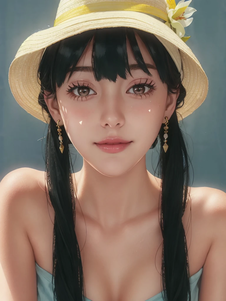 cute girl, (heart-shaped pupils:1.1), ultra hd, hearts in eyes, half-closed eyes,female ,wavy mouth,smile,sweating profusely,
çº¦å°Â·ç¦æ°,1girl,solo,earrings,short hair with long locks,green hair,black hair,red eyes,bangs,sidelocks,
pearl necklace,collarbone,blue dress,sleeveless dress,bare shoulders,white belt,jewelry,yor briar,hat flower,yellow headwear,sun hat,, Exquisite visuals, high-definition,masterpiece,best quality,, 18yo,Young female,Beautiful Fingers,Beautiful long legs,Beautiful body,Beautiful Nose,Beautiful character design, perfect eyes, perfect face,expressive eyes,
looking at viewer,
official art,extremely detailed CG unity 8k wallpaper, perfect lighting,Colorful, Bright_Front_face_Lighting,shiny skin, 
(masterpiece:1.0),(best_quality:1.0), ultra high res,4K,ultra-detailed,
photography, 8K, HDR, highres, absurdres:1.2, Kodak portra 400, film grain, blurry background, bokeh:1.2, lens flare, (vibrant_color:1.2), (beautiful_face:1.5),(narrow_waist), ,NSFW,