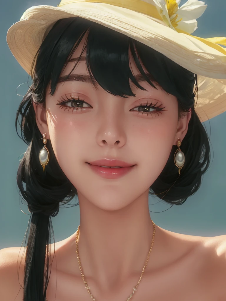 cute girl, (heart-shaped pupils:1.1), ultra hd, hearts in eyes, half-closed eyes,female ,wavy mouth,smile,sweating profusely,
çº¦å°Â·ç¦æ°,1girl,solo,earrings,short hair with long locks,green hair,black hair,red eyes,bangs,sidelocks,
pearl necklace,collarbone,blue dress,sleeveless dress,bare shoulders,white belt,jewelry,yor briar,hat flower,yellow headwear,sun hat,, Exquisite visuals, high-definition,masterpiece,best quality,, 18yo,Young female,Beautiful Fingers,Beautiful long legs,Beautiful body,Beautiful Nose,Beautiful character design, perfect eyes, perfect face,expressive eyes,
looking at viewer,
official art,extremely detailed CG unity 8k wallpaper, perfect lighting,Colorful, Bright_Front_face_Lighting,shiny skin, 
(masterpiece:1.0),(best_quality:1.0), ultra high res,4K,ultra-detailed,
photography, 8K, HDR, highres, absurdres:1.2, Kodak portra 400, film grain, blurry background, bokeh:1.2, lens flare, (vibrant_color:1.2), (beautiful_face:1.5),(narrow_waist), ,NSFW,