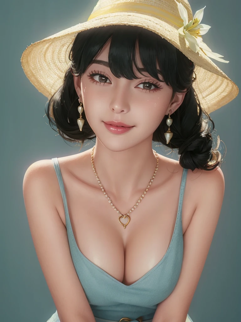 cute girl, (heart-shaped pupils:1.1), ultra hd, hearts in eyes, half-closed eyes,female ,wavy mouth,smile,sweating profusely,
çº¦å°Â·ç¦æ°,1girl,solo,earrings,short hair with long locks,green hair,black hair,red eyes,bangs,sidelocks,
pearl necklace,collarbone,blue dress,sleeveless dress,bare shoulders,white belt,jewelry,yor briar,hat flower,yellow headwear,sun hat,, Exquisite visuals, high-definition,masterpiece,best quality,, 18yo,Young female,Beautiful Fingers,Beautiful long legs,Beautiful body,Beautiful Nose,Beautiful character design, perfect eyes, perfect face,expressive eyes,
looking at viewer,
official art,extremely detailed CG unity 8k wallpaper, perfect lighting,Colorful, Bright_Front_face_Lighting,shiny skin, 
(masterpiece:1.0),(best_quality:1.0), ultra high res,4K,ultra-detailed,
photography, 8K, HDR, highres, absurdres:1.2, Kodak portra 400, film grain, blurry background, bokeh:1.2, lens flare, (vibrant_color:1.2), (beautiful_face:1.5),(narrow_waist), ,NSFW,