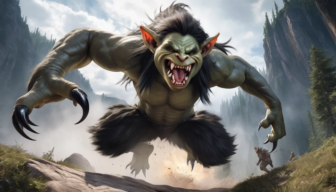 Realistic photos, RAW Photos, troll, attacks viewer, Powerful movements, jump on prey, ((Dynamic jump)), Sharp Claws, troll approaching from above, sudden approach, Bad-tempered, dynamic Shot from grand