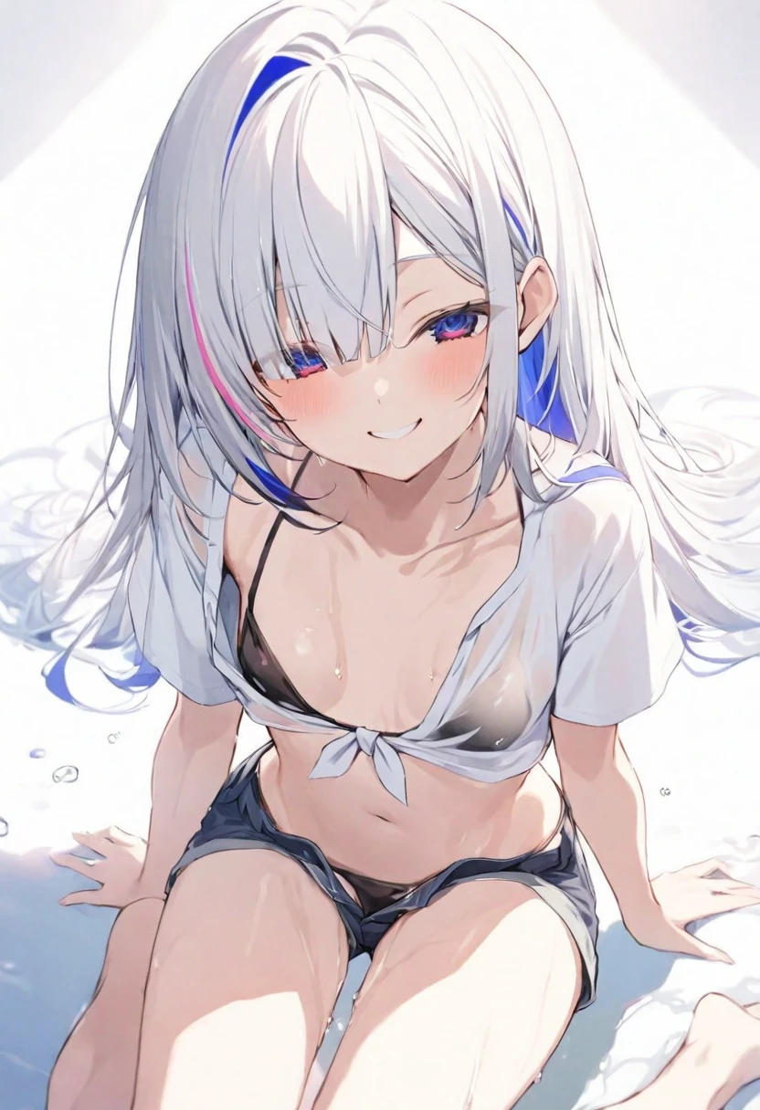 (muste piece), (best quality), (score_9, score_8_up, score_7_up), very detailed eyes, expressive eyes, perfect face, very detailed face, highly detailed face, beautiful girl, 8K, beautiful girl, white background, delicate and beautiful face and eyes, dark intense shadow, 
1 girl, vtuber style, cool girl, hololive, amane kanata, streaked hair, mini bikini, front-tie bikini top, soaked T-shirt, Unbuttoned bikini under shorts, small chest, cropped shoulders, clavicle, wet body, closing eyes, smile, body visible through clothes, chest visible through clothes, ass visible through thighs, (full body), barefoot, naked thighs, sitting, open legs wide,