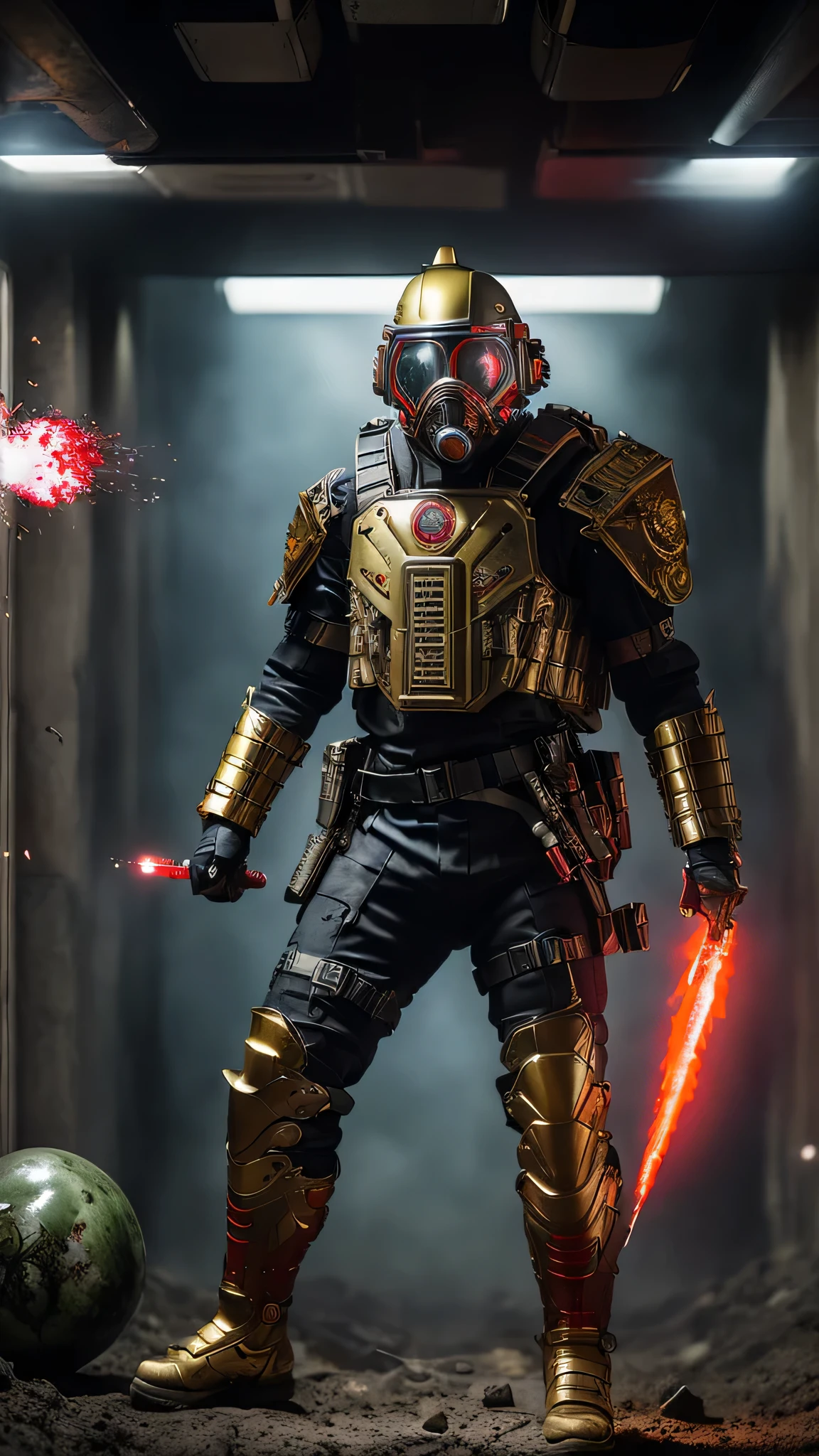 最high quality、Best image quality、masterpiece、male((humanoid、Railgun、Bulletproof vest、Jetpack、Red visor、Run、Have a bomb,Full of wounds,gas mask、Gold Color、Fighting Pose、Muscular,Blood splatter,Tattered))high quality、Beautiful art、background((underground,Fighting the monsters)),Tabletop、Exquisite design、Visual Arts、Written boundary depth、Best lighting、The finest details、8k
