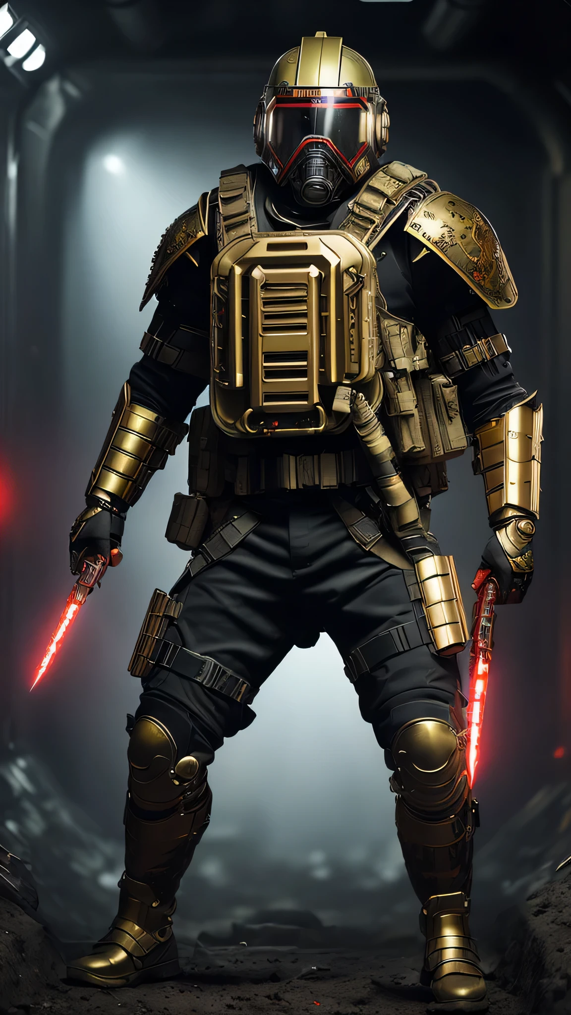 最high quality、Best image quality、masterpiece、male((humanoid、Railgun、Bulletproof vest、Jetpack、Red visor、Run、Have a bomb,Full of wounds,gas mask、Gold Color、Fighting Pose、Muscular,Blood splatter,Tattered)）high quality、Beautiful art、background((underground,Fighting the monsters)),Tabletop、Exquisite design、Visual Arts、Written boundary depth、Best lighting、The finest details、8ｋ