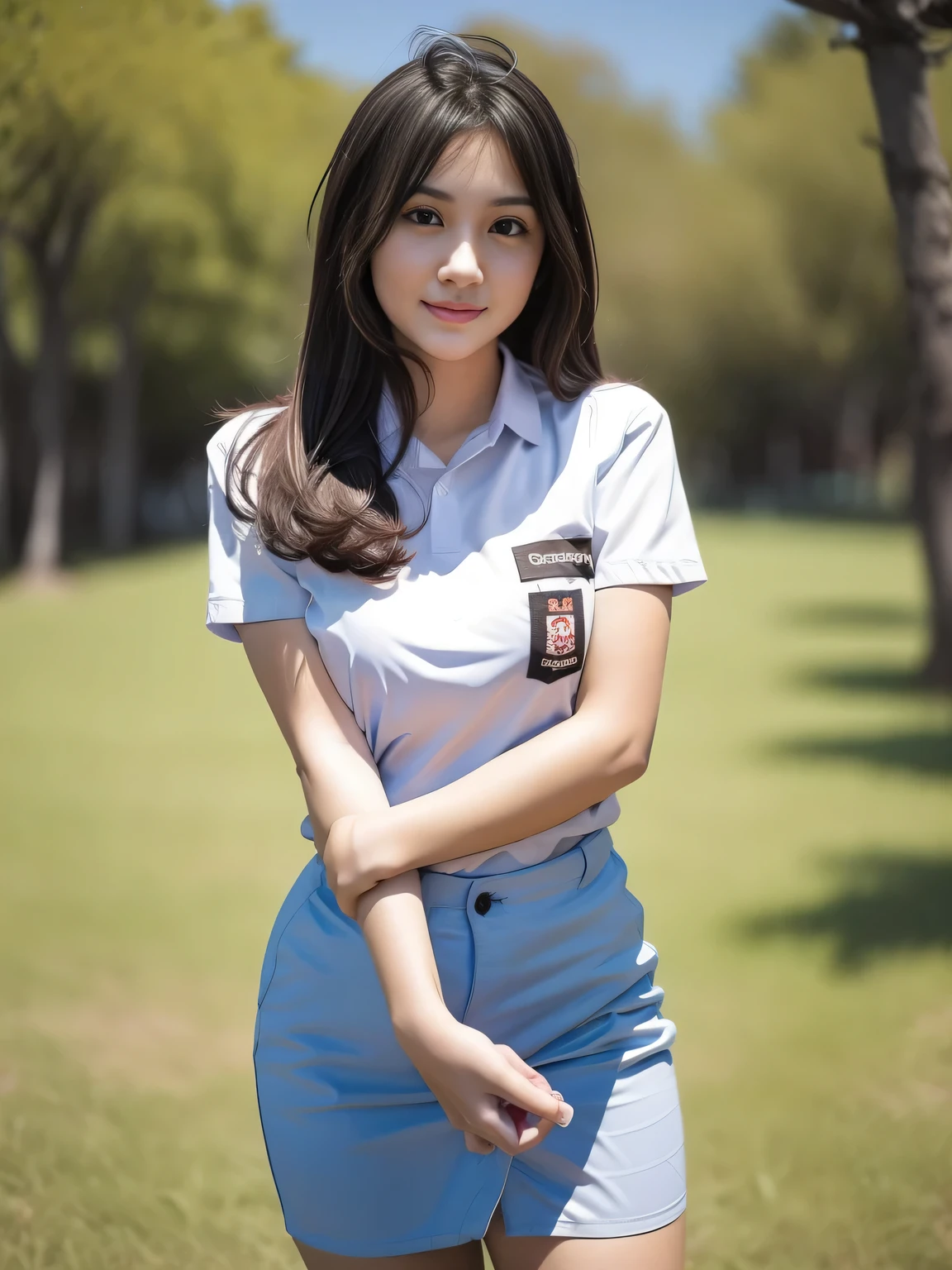1girl, (uniform), standing, outdoors, detailed face, detailed eyes, thick breasts, shiny skin, tight shirt, grey blue short skirt, looking at the audience, low angle shot,(8k, RAW photo, best quality, masterpiece: 1.2), (realistic, realistic: 1.37), ultra-high resolution