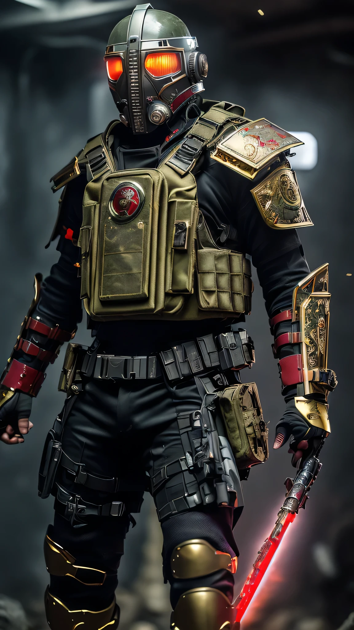 最high quality、Best image quality、masterpiece、male((humanoid、Railgun、Bulletproof vest、Jetpack、Red visor、Run、Have a bomb,Full of wounds,gas mask、Gold Color、Fighting Pose、Muscular,Blood splatter,Tattered)）high quality、Beautiful art、background((underground,Fighting the monsters)),Tabletop、Exquisite design、Visual Arts、Written boundary depth、Best lighting、The finest details、8ｋ