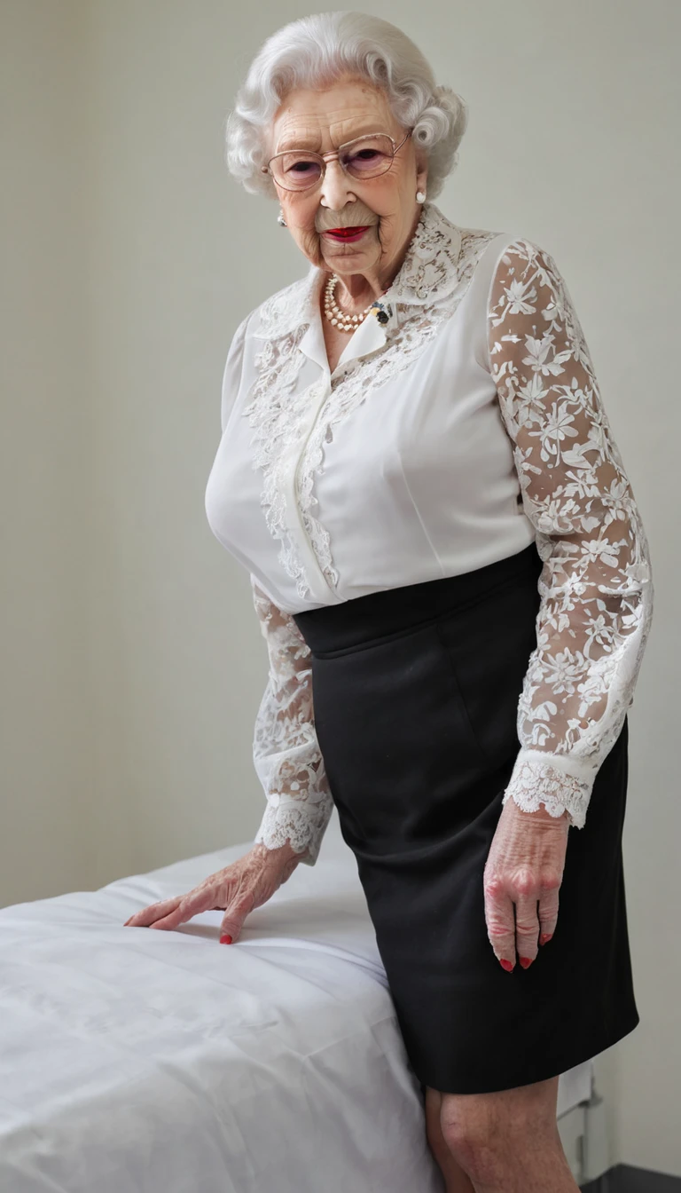 (sucking penis:1.3), (penis cum:1.4), (huge breast:1.6), (queen elizabeth 90yo at hospital), (look down:1.4), (profile side), (excessive cum on breast:1.4), lipsticks, (nsfw:1.4), (white chiffon and lace shirt:1.5), (black skirt:1.3)