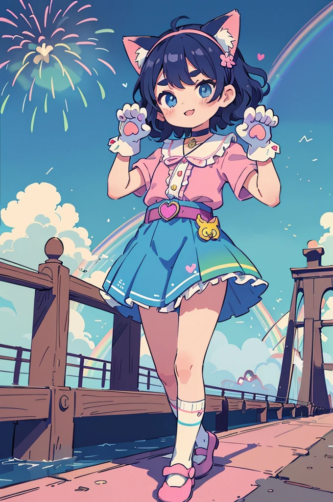 (masterpiece, best quality:1.1),popart style,flat color,(1girl,japanese,tween,cat-ear headband,((Paw shaped Gloves)),claw pose,BREAK (darkblue hair,wavy-short hair),parallel eyebrows,eyes with large irises, fresh lips, very happy, BREAK (walking on bridge of rainbow over the blue sky),
rainbow fireworks collage art,
various fireworks and rainbow symbols,
(blue outline),
cmyk palette, contemporary artistic collage,
BREAK (wearing pink babydoll fashion,heart belt choker blouse,ruffle skirt,millefeuille lace high-socks,pumps),