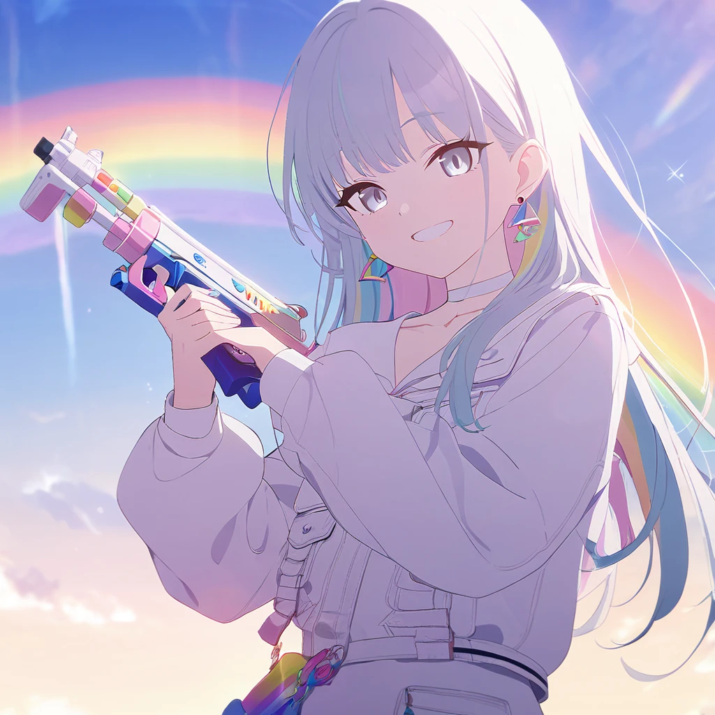 Clear for content(((masterpiece))), (((best quality))),(((high detail))),(blue achive),rainbow haired girl,************,long tiwintails with big white ribbons,shooting a rainbow gun,white eyed,agressive smile,cute casual outfits,rainbow,lively color,sky background,light,SSS,very mythic,pastel,long sleeves,black heart earrings, white jacket,rainbow and daylight sky background,named karina,white choker,ribbons on choker,beautiful shoes,long hair,pastel