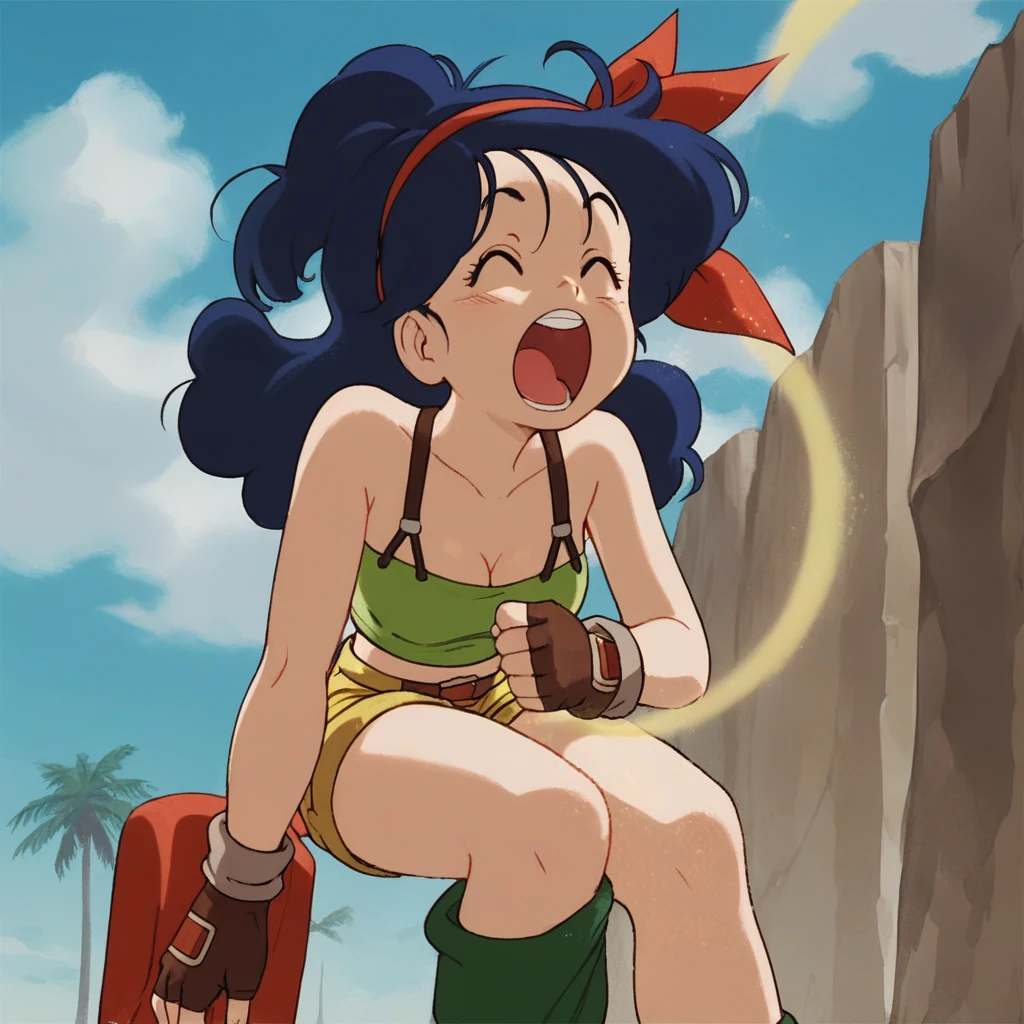 source_anime, score_9, score_8_up, score_7_up, anime screencap, high quality, launch good, 1girl, solo, blue hair, breasts, sneezing, fingerless gloves, shorts, from below, blue eyes, cleavage, green crop top, long hair, sky, open mouth, cloud, curly hair, blue sky, midriff, day, medium breasts, outdoors, brown gloves, ribbon, short shorts, red hairband, bare shoulders, collarbone, yellow shorts, shirt, red footwear, green legwear, eyelashes, seaside