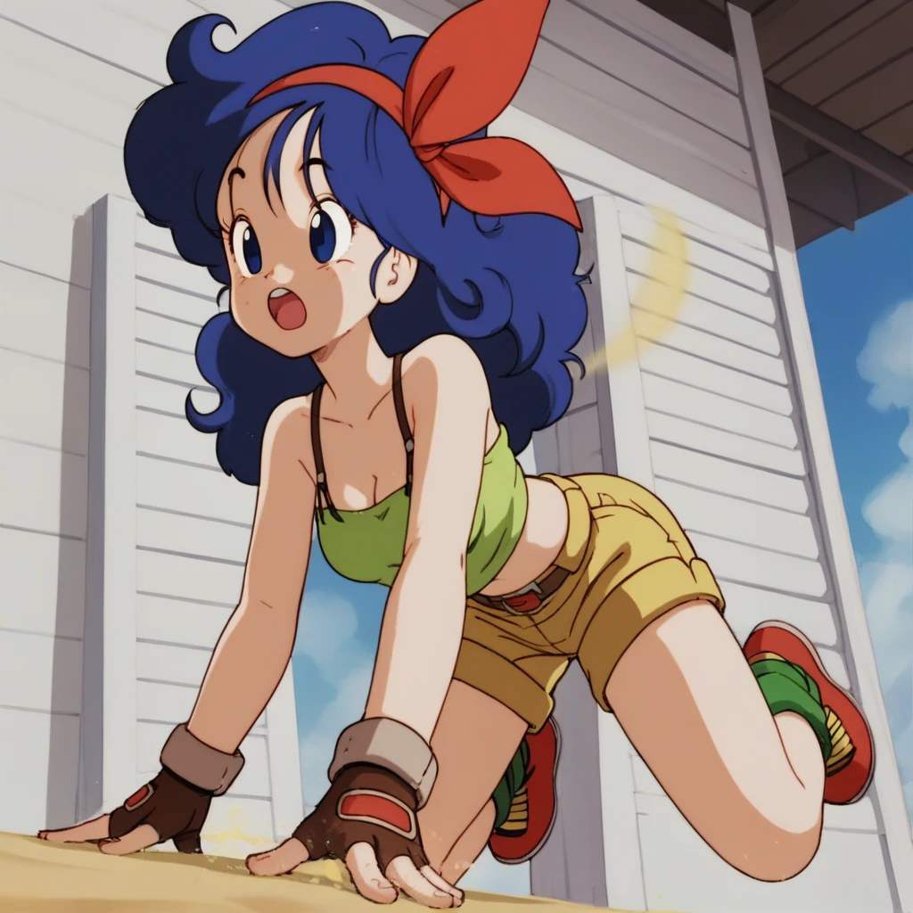 source_anime, score_9, score_8_up, score_7_up, anime screencap, high quality, launch good, 1girl, solo, blue hair, breasts, sneezing, fingerless gloves, shorts, from below, blue eyes, cleavage, green crop top, long hair, sky, open mouth, cloud, curly hair, blue sky, midriff, day, medium breasts, outdoors, brown gloves, ribbon, short shorts, red hairband, bare shoulders, collarbone, yellow shorts, shirt, red footwear, green legwear, eyelashes, seaside