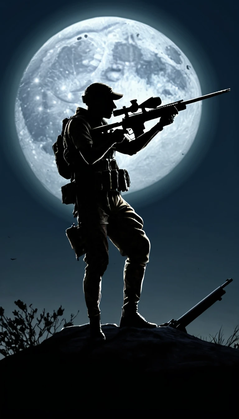 digital drawing, comic book drawing, full body photo, silhouette of a sniper with a sniper rifle against the background of a full moon, dark silhouette of a sniper aiming with a sniper rifle against the background of a bright big moon,