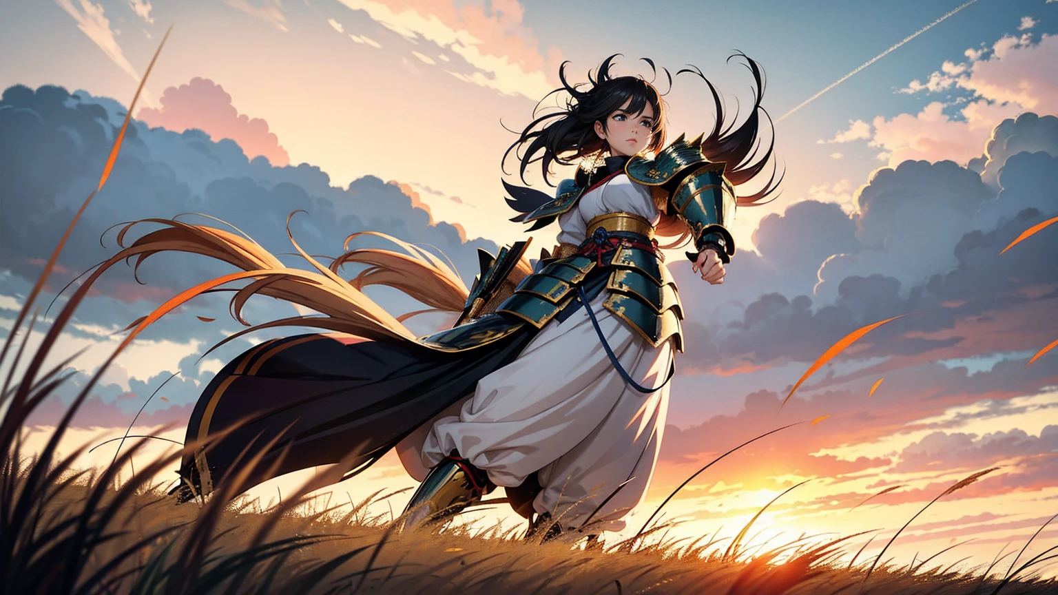 A female samurai in armor, traveling through a field of pampas grass. She has a determined expression, with her hair blowing in the wind. Her armor is detailed and traditional, showing signs of wear from travel. She walks along a path surrounded by tall, swaying pampas grass, creating a sense of movement and the whisper of the wind. The sky above is dynamic, with clouds moving swiftly, indicating strong winds. The scene captures a sense of adventure, resilience, and the beauty of nature.