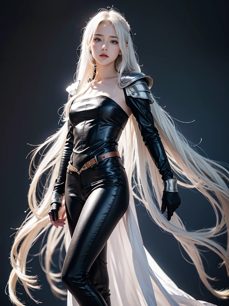 Top quality, RAW Photo, Highest Quality Image, 16K, White hair. Porcelain skin. Beautiful expressive eyes. Sweet and beautiful face. Fantasy clothing. Fantasy world. A slender girl in black leather trousers, armor, shoulder pads and comfortable beautiful clothes. Leather boots. Full length from head to toe.